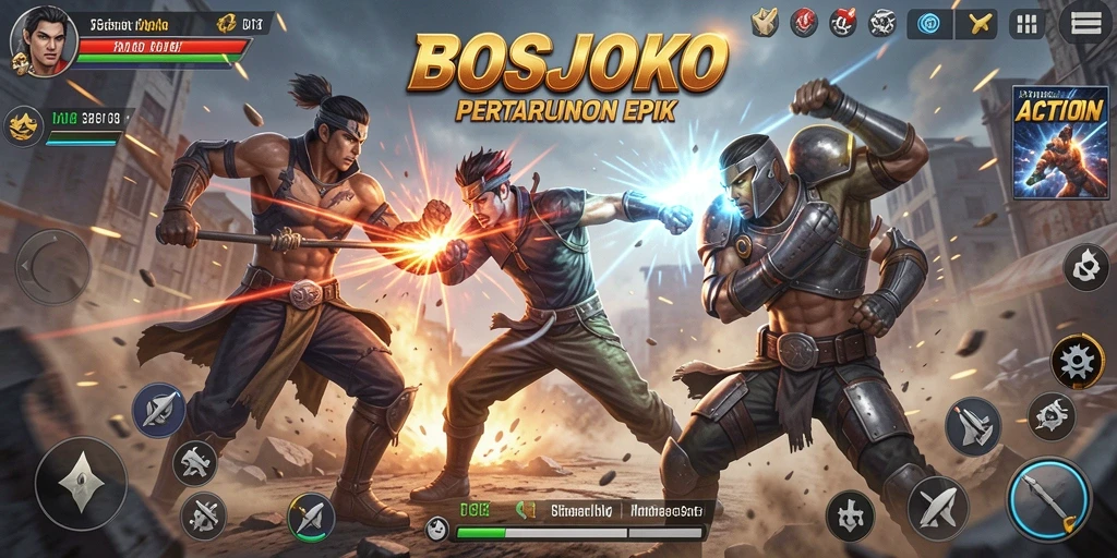 Tampilan seru aksi gameplay BOSJOKO dengan pertarungan mendebarkan.