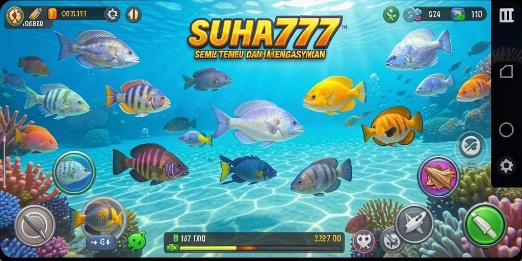 Screenshot gameplay SUHU777 menampilkan aksi menembak ikan yang seru dan penuh warna.