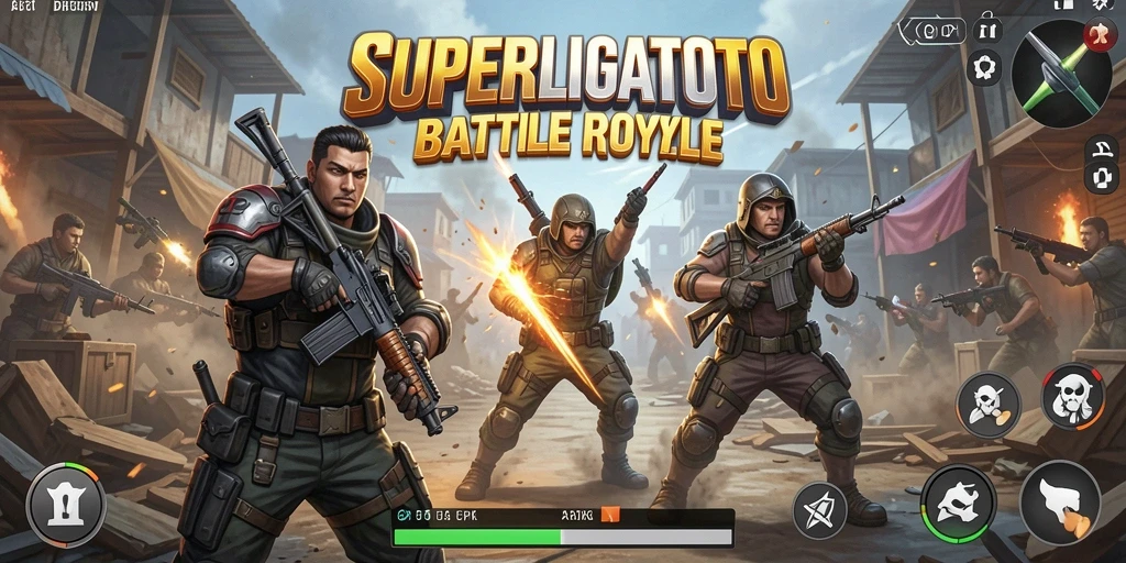 Screenshot SUPERLIGATOTO menampilkan aksi intens dalam gameplay Battle Royale.